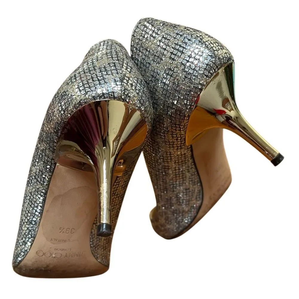 Jimmy Choo Leopard Glitter Pointed Toe Gold Heels Pumps Italy Made 39 1/2 9.5
